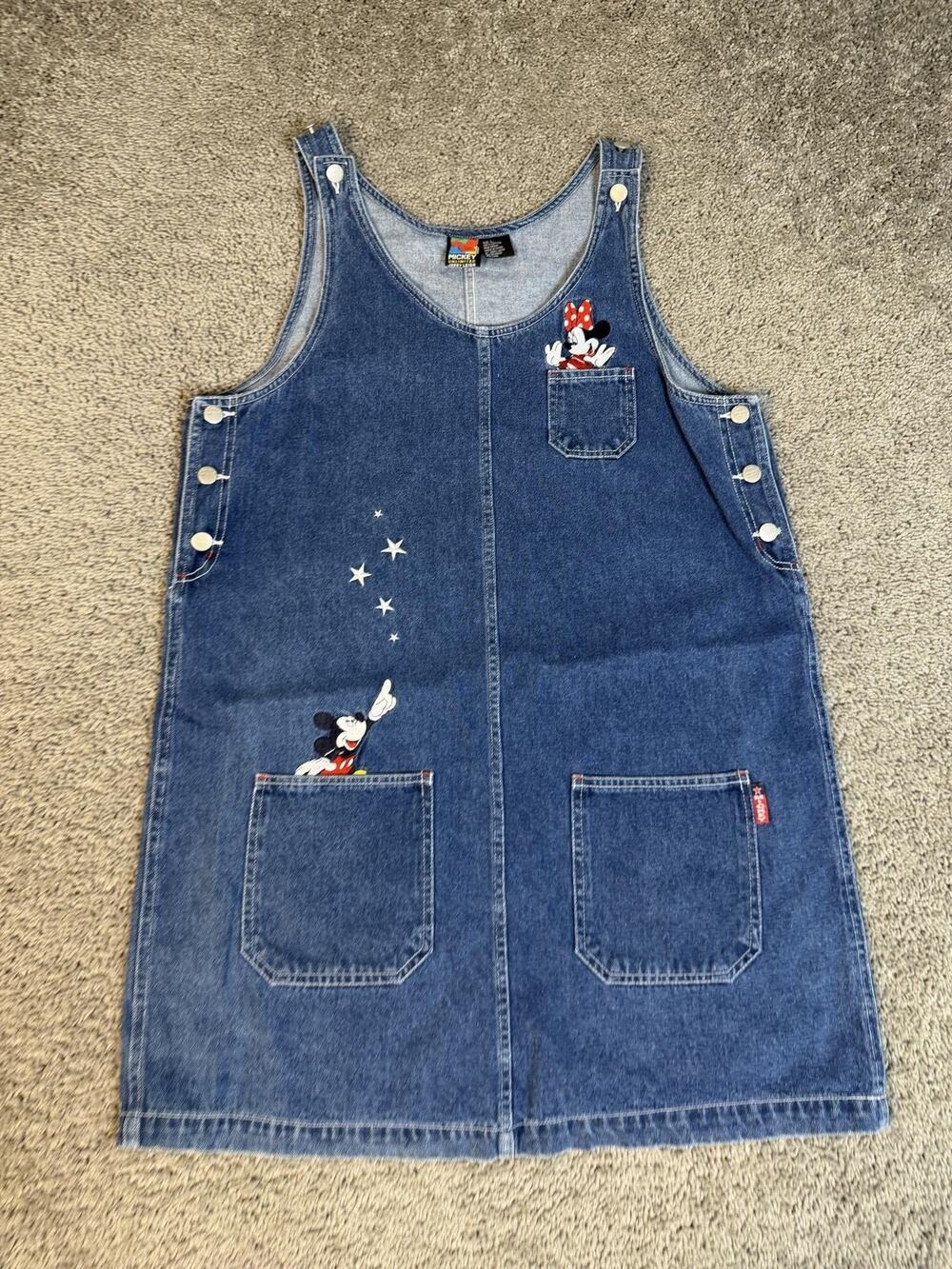 Mickey Unlimited Dress Womens L Blue Denim Overall Mickey Mouse Embroidered